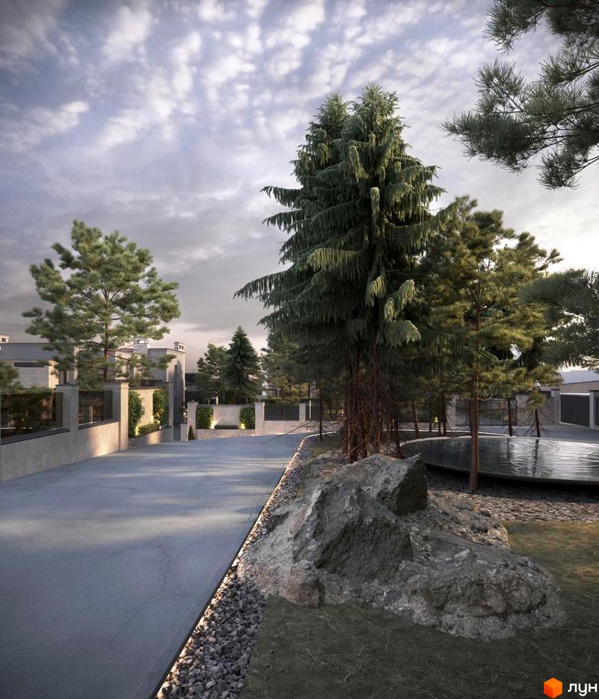 Котеджне містечко Riviera Royal: зовнішній вигляд будинків та прибудинкова територія з деревами та водоймою. Огляд новобудови.