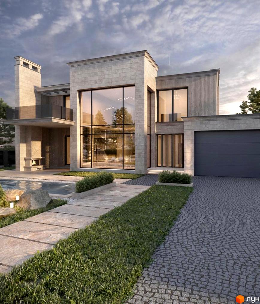 Зовнішній вигляд будинку житлового комплексу КМ Riviera Royal з великими вікнами та прибудинковою територією з басейном та бруківкою. Ознайомтеся з новобудовою.