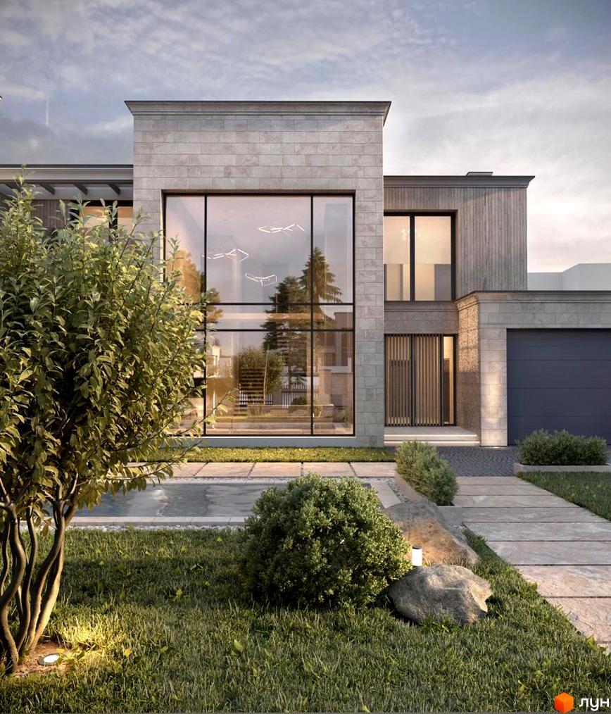 Котеджне містечко Riviera Royal: двоповерховий будинок з великими вікнами та гаражем, доглянута прибудинкова територія з газоном та деревами.