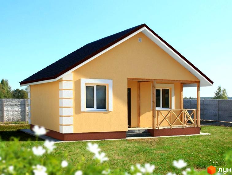 Фото одноповерхового будинку в Котеджному містечку Солнечная Поляна. Вигляд фасаду будинку та прибудинкової території.