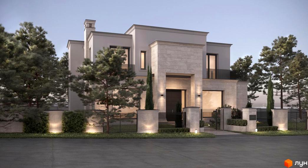 Котеджне містечко КМ Riviera Royal: двоповерховий будинок з білої цегли та сірого фасаду, оточений соснами та доглянутим ландшафтом з підсвіченими елементами.