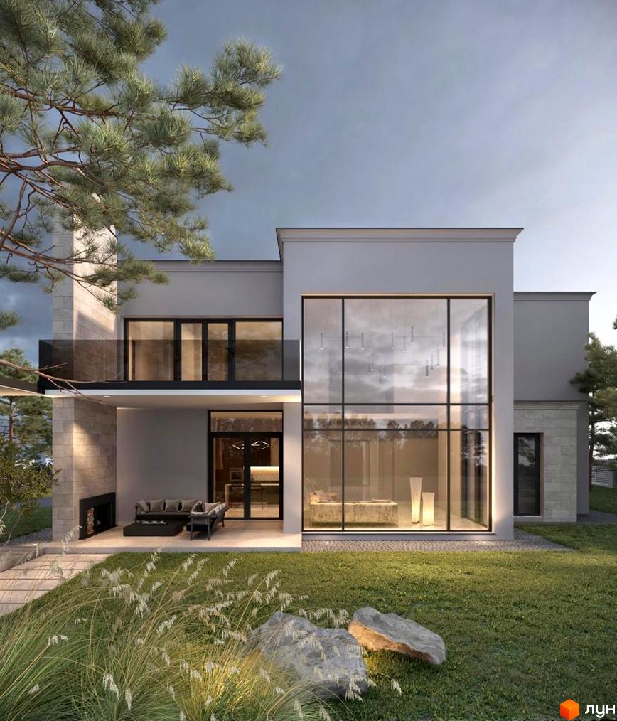 Котеджне містечко КМ Riviera Royal. Зовнішній вигляд будинку з великими вікнами та терасою, прибудинкова територія з газоном та деревами.