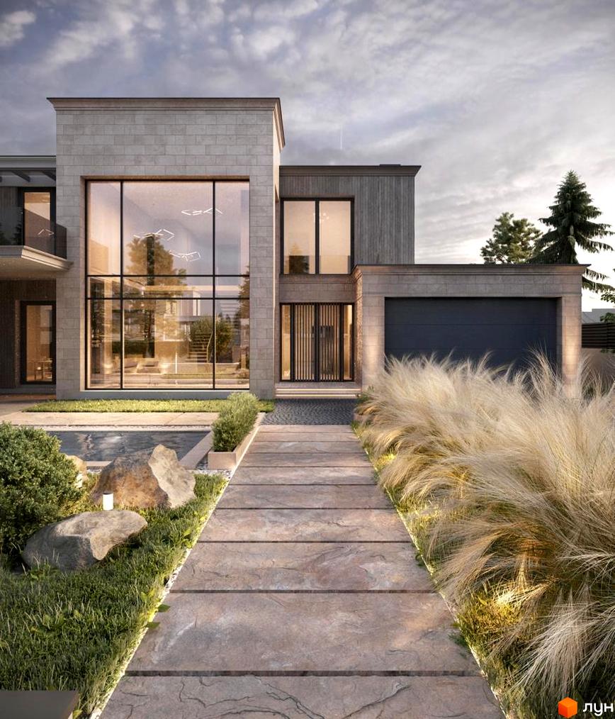 Котеджне містечко Riviera Royal: двоповерховий будинок з великими вікнами та ганком, вимощений доріжками, з декоративними рослинами та освітленням.