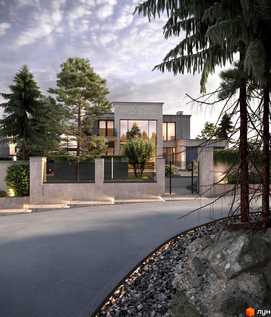 Котеджне містечко КМ Riviera Royal: двоповерховий будинок з великими вікнами та кам'яним фасадом, огороджена територія з деревами та освітленням.