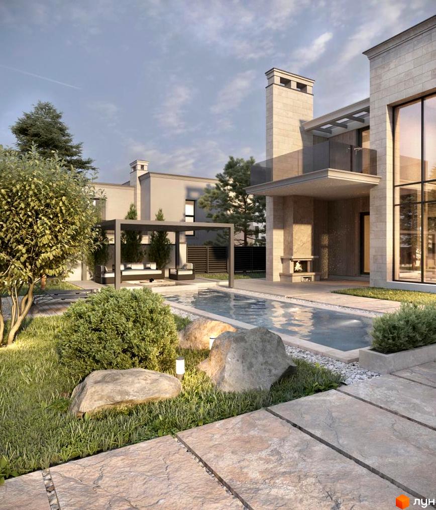 Зовнішній вигляд будинку КМ Riviera Royal з басейном та зоною відпочинку. Сучасний дизайн фасаду та доглянута прибудинкова територія.