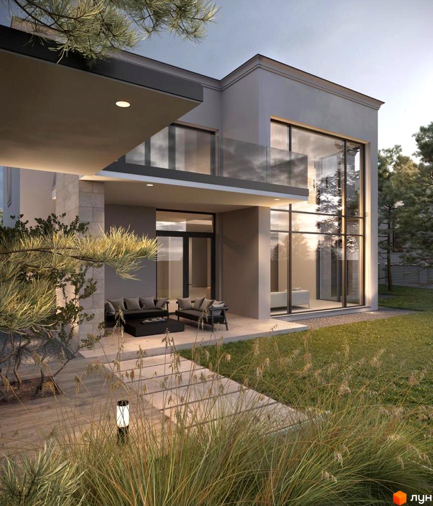 Котеджне містечко Riviera Royal. Сучасний двоповерховий будинок з великими вікнами та терасою, оточений доглянутим газоном та деревами.