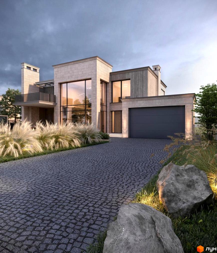 Котеджне містечко Riviera Royal: двоповерховий будинок з великими вікнами та гаражем на тлі хмарного неба. Перед будинком вимощена бруківкою доріжка та декоративні рослини.