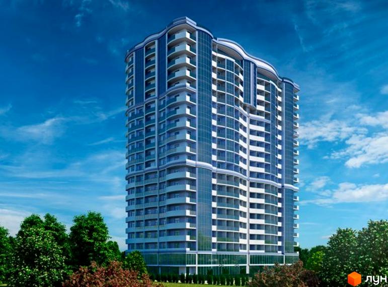 Житловий комплекс Корфу - висотна новобудова з панорамним склінням та балконами. Навколо будівлі зелені насадження та дерева.