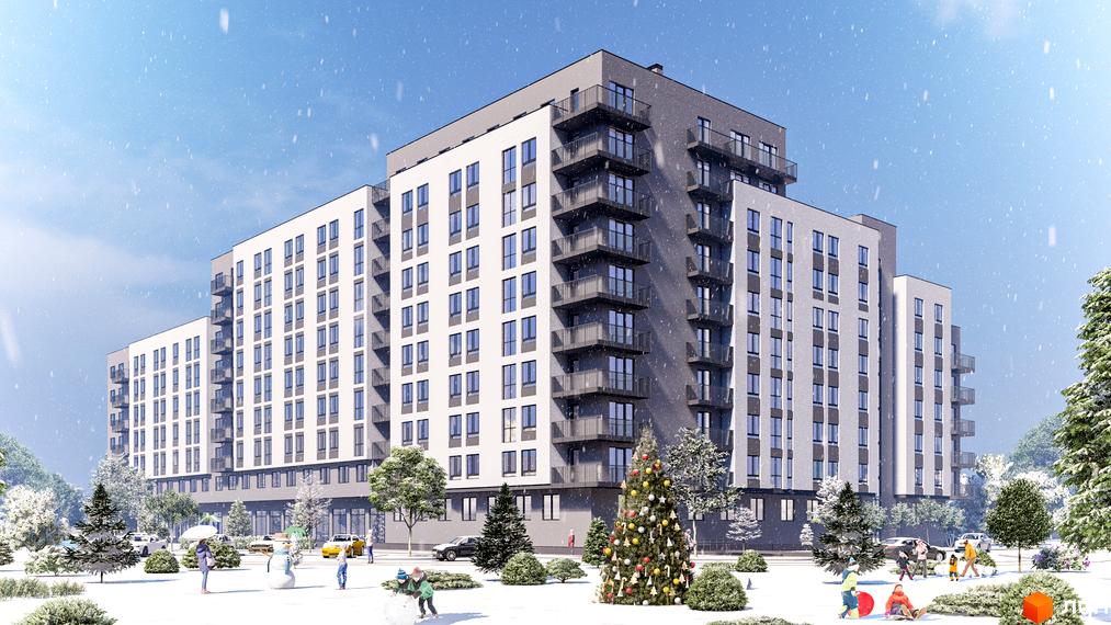 Житловий комплекс Франко: багатоповерховий будинок з біло-сірим фасадом. Зимовий двір з ялинкою та дітьми, що граються в снігу.