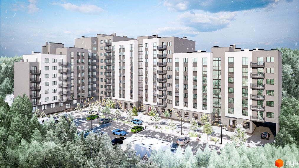 Зображення фасаду та прибудинкової території Житлового комплексу Франко взимку. Вигляд багатоповерхового будинку та припаркованих авто.