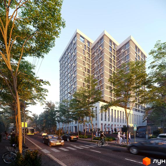 Висотна будівля ЖК TRIVIUM з панорамними вікнами на тлі міської вулиці з деревами, машинами та пішоходами. Архітектура та благоустрій території.