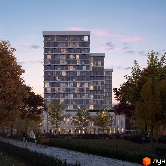 Висотна будівля Житловий комплекс TRIVIUM з великими вікнами на тлі осіннього парку з алеєю для прогулянок.