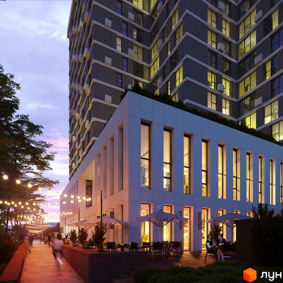 Висотна будівля ЖК TRIVIUM з великими вікнами та терасами, поруч алея з ліхтарями та кафе з столиками на вулиці.