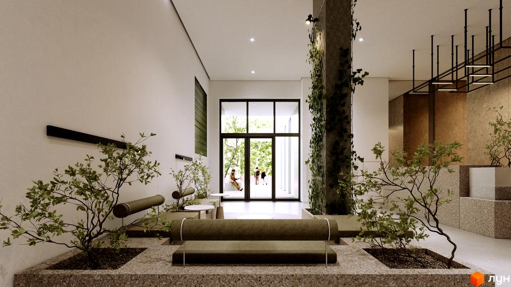Інтер'єр вхідної зони ЖК TRIVIUM з рослинами та диванами. Просторий хол з великими вікнами та тераццо підлогою.