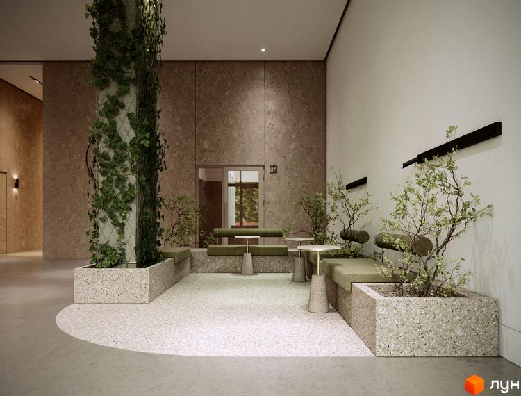 Інтер'єр ЖК TRIVIUM: просторий хол з рослинами, лавами та столиками. Світле приміщення з великими вікнами та сучасним дизайном.