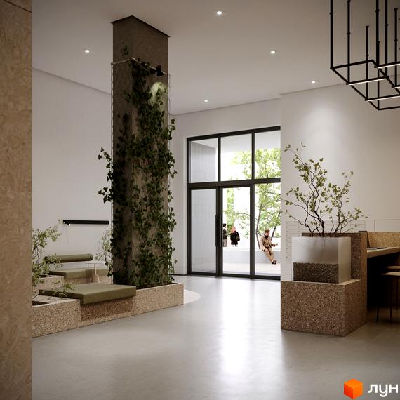 Інтер'єр холу в ЖК TRIVIUM з великими вікнами та рослинами. Просторий зал з бетонними колонами та лавками для відпочинку.