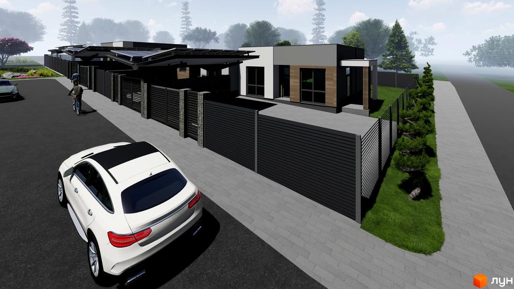 Таунхаус „На Мечнікова“: сучасна архітектура з сонячними панелями та огородженою територією з доглянутим газоном та деревами.