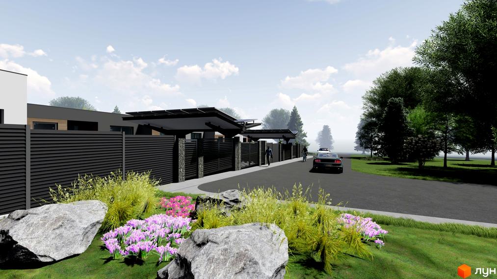 Таунхаус „На Мечнікова“: сучасна архітектура з просторими навісами та доглянутою прибудинковою територією з квітами та деревами.