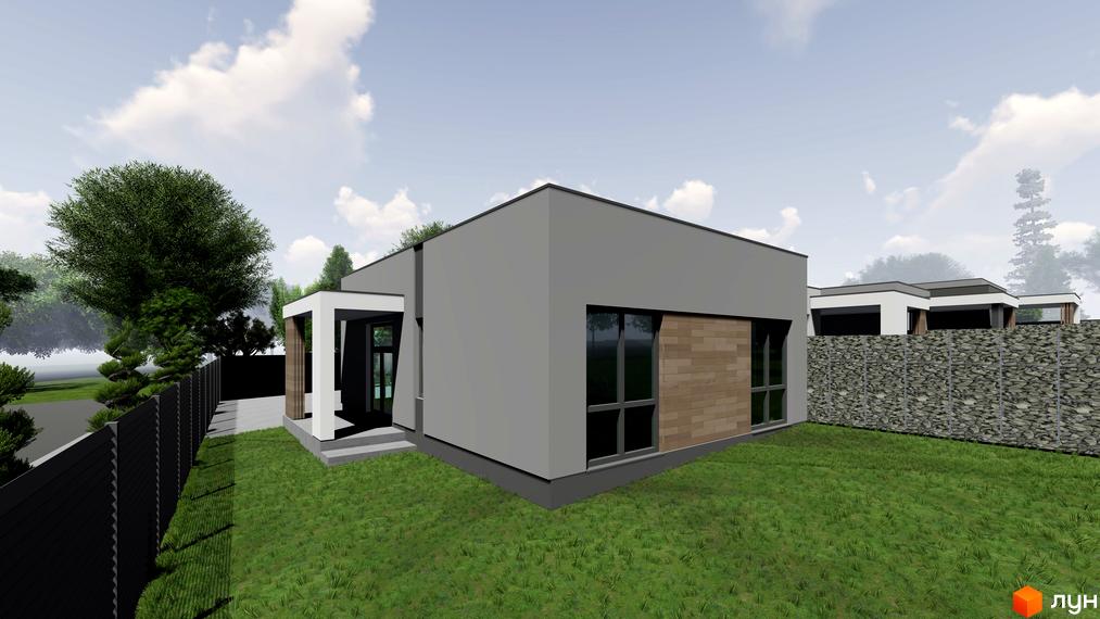 Таунхаус „На Мечнікова“ – це сучасна новобудова з сірим фасадом та дерев'яними вставками, розташована на доглянутій прибудинковій території з газоном та кам'яним парканом.