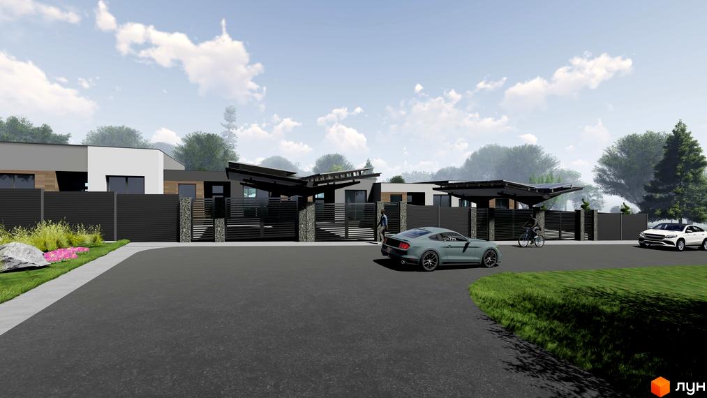 Таунхаус „На Мечнікова“: фасади будівель з панорамними вікнами, сучасні навіси та огороджена територія з автомобілями та велосипедом.