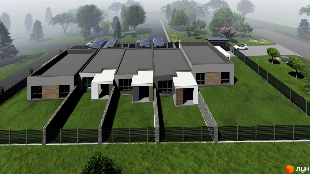 Таунхаус „На Мечнікова“: сучасні будинки з сонячними панелями та доглянутою прибудинковою територією. Комплекс розташований на схилі пагорба, оточений зеленню та огороджений парканом.