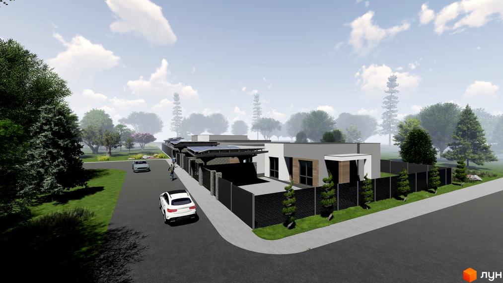 Таунхаус „На Мечнікова“: сучасний житловий комплекс з акуратними парканами, автомобілями та зеленими насадженнями. Зовнішній вигляд будинку та прибудинкової території.