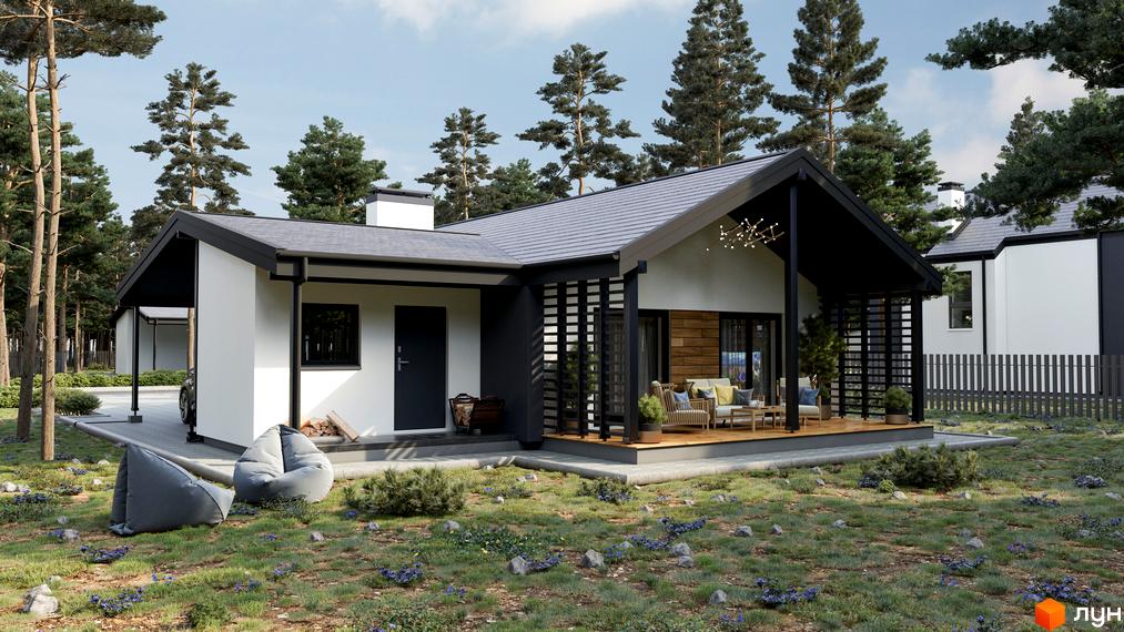 Котеджне містечко КМ Зелений Бульвар. Одноповерховий будинок з терасою та великими вікнами, оточений зеленню та деревами. На прибудинковій території є зона відпочинку з кріслами-мішками.