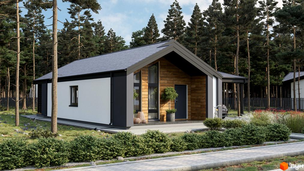 Котеджне містечко КМ Зелений Бульвар: одноповерховий будинок з дерев'яним фасадом та великими вікнами. Навколо будинку доглянутий газон, кущі та дерева.