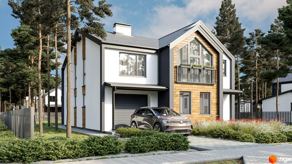 Котеджне містечко КМ Зелений Бульвар: двоповерхові будинки з білою та дерев'яною обробкою, гаражем та балконом. На прибудинковій території ростуть дерева та кущі.