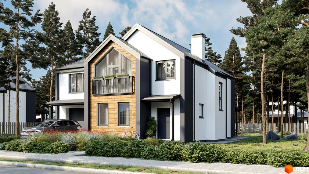 Сучасний двоповерховий будинок з дерев'яними та білими фасадами, балконом та великими вікнами. Навколо будинку зелені насадження, дерева та паркан.