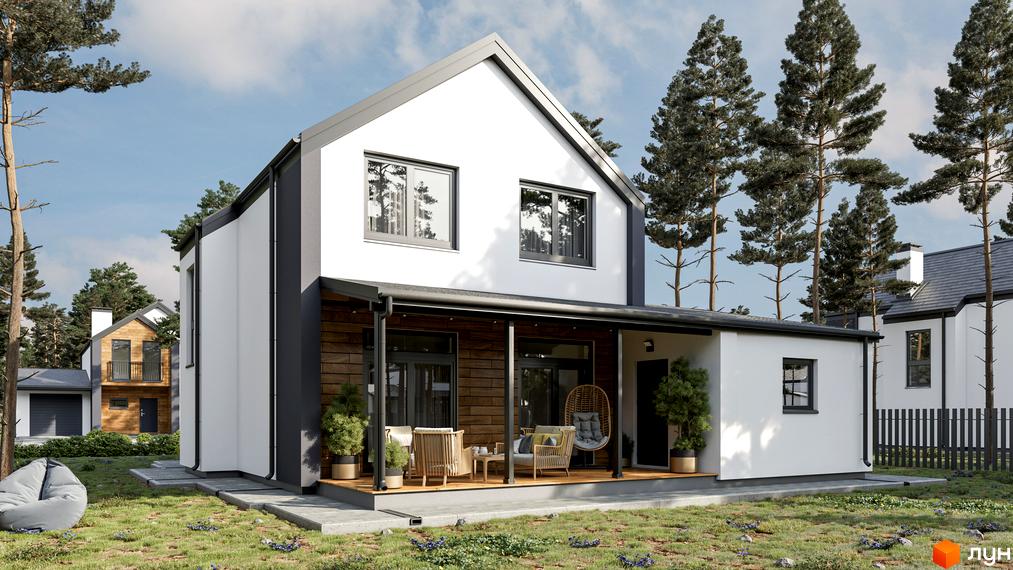 Котеджне містечко Зелений Бульвар: білий двоповерховий будинок з дерев'яною терасою та зеленими насадженнями навколо. Сучасний дизайн фасаду та затишна прибудинкова територія з місцями для відпочинку.