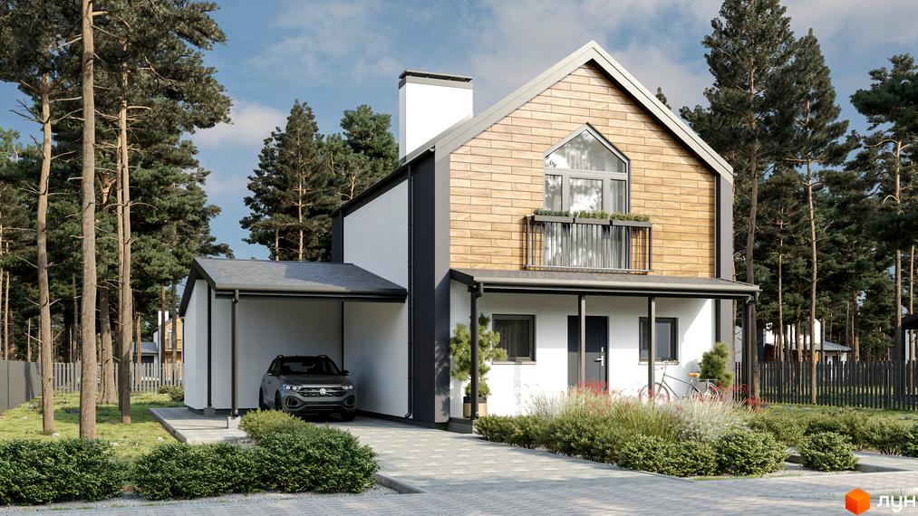 Котеджне містечко КМ Зелений Бульвар. Сучасний двоповерховий будинок з дерев'яним фасадом та навісом для автомобіля. Навколо будинку зелені насадження та паркан.