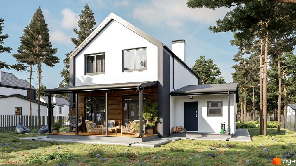 Котеджне містечко КМ Зелений Бульвар: двоповерховий будинок з терасою та дерев'яним оздобленням фасаду, оточений соснами. На прибудинковій території - газон, крісла-мішки та підвісне крісло.