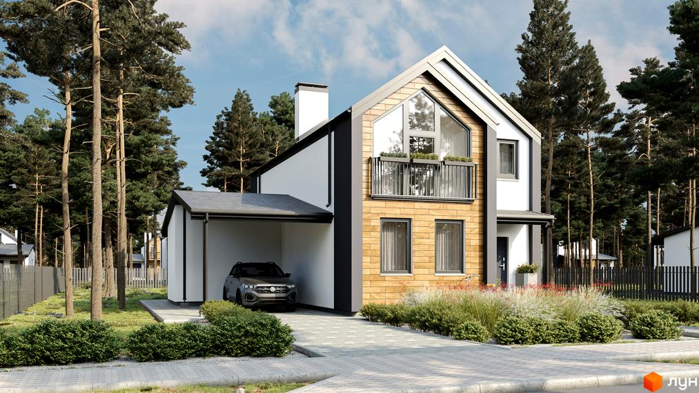 Котеджне містечко КМ Зелений Бульвар. Сучасний двоповерховий будинок з дерев'яним фасадом, балконом та навісом для автомобіля. Навколо будинку зелені насадження та дерева.