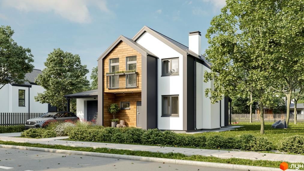 Котеджне містечко Зелений Бульвар. Двоповерховий будинок з білими та дерев'яними фасадами, балкон, прибудинкова територія з газоном та деревами.