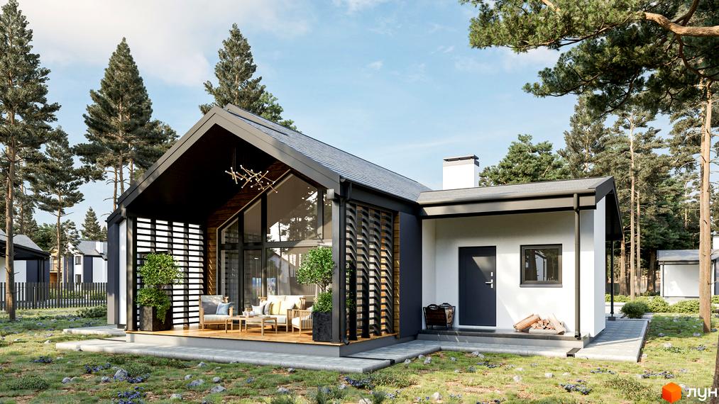 Котеджне містечко Зелений Бульвар: будинок з великими вікнами та терасою, оточений соснами. Прибудинкова територія з травою та доріжками.