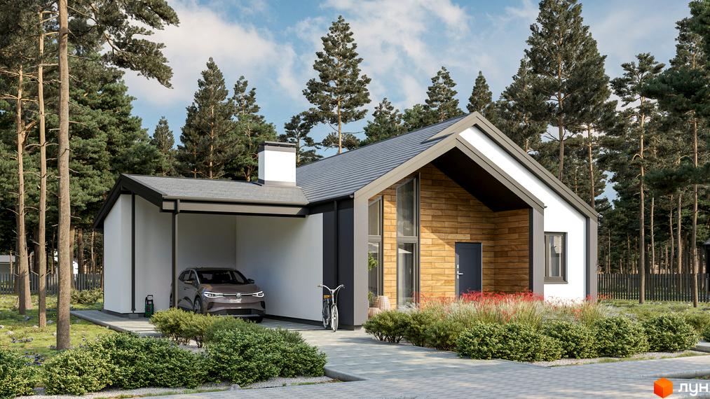 Котеджне містечко Зелений Бульвар: двоповерховий будинок з навісом для авто та велосипедом біля входу. Прибудинкова територія з доглянутими кущами та деревами.