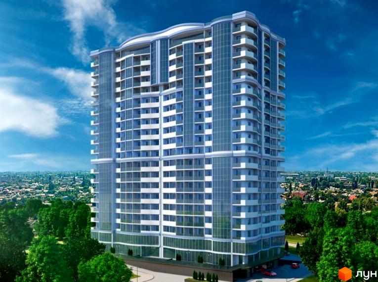 Зображення багатоповерхового будинку в Житловому комплексі Корфу. Вигляд новобудови з великими вікнами та прибудинковою територією з деревами.