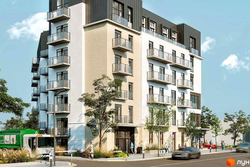 Новобудова ЖК Новий Звягель з балконами та скляними огорожами. На прибудинковій території видно дерева та пішохідну зону.