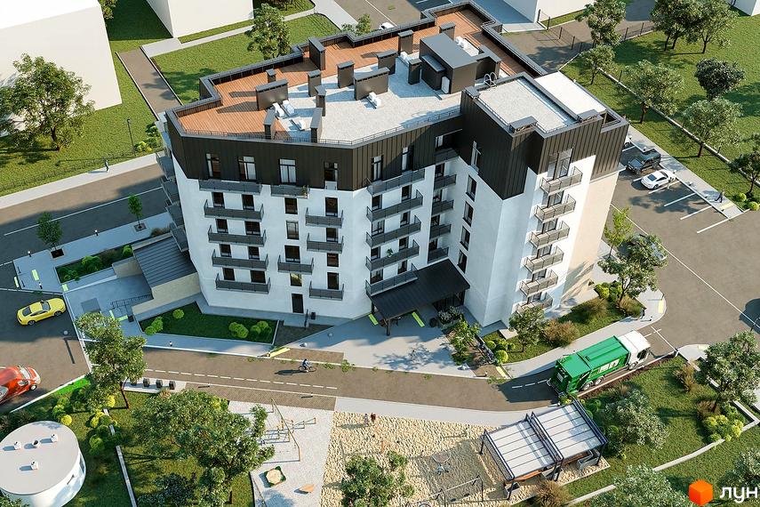 Житловий комплекс Новий Звягель: багатоповерховий будинок з балконами та пласкою покрівлею, поруч паркінг та дитячий майданчик.