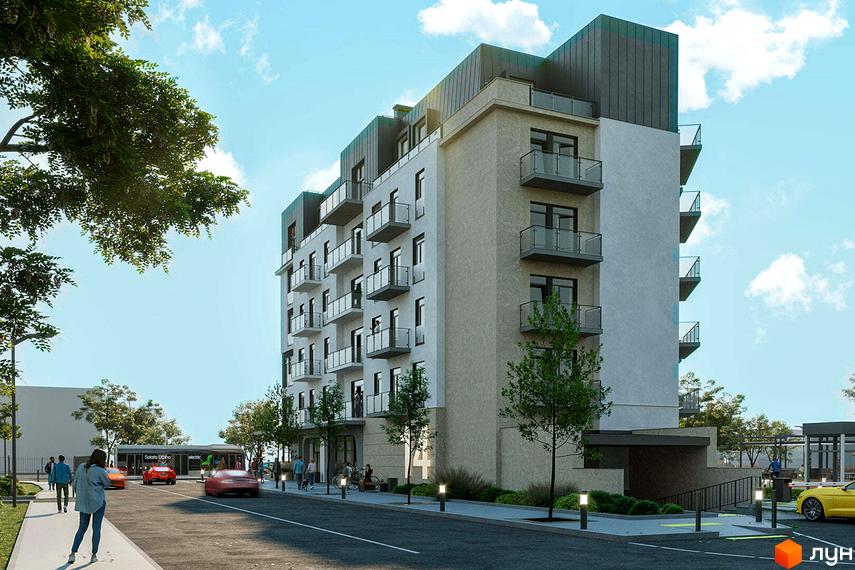 Зовнішній вигляд житлового комплексу Новий Звягель з балконами та прибудинковою територією з дорогою та деревами.