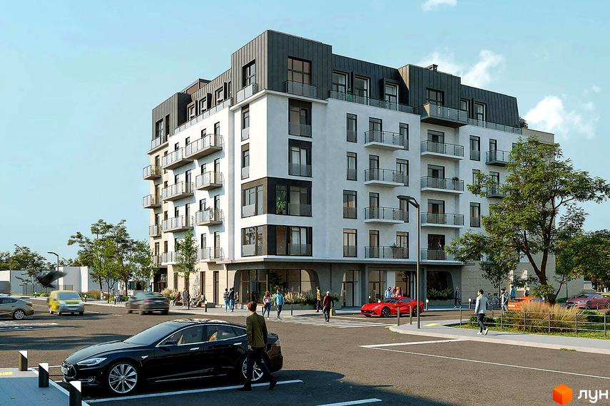 Зовнішній вигляд житлового комплексу Новий Звягель з балконами та панорамними вікнами. Навколо будинку розташовані дерева та дорога з автомобілями.