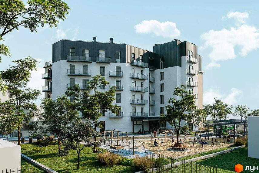 Житловий комплекс Новий Звягель: багатоповерхова будівля з балконами та дитячим майданчиком на прибудинковій території.