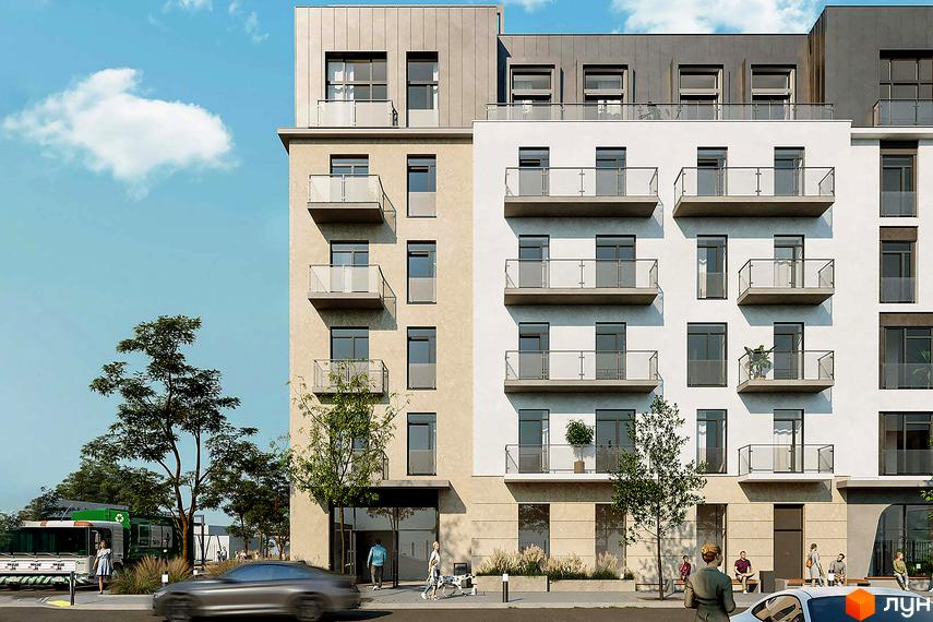 Зовнішній вигляд новобудови ЖК Новий Звягель з балконами та вікнами. На прибудинковій території видно дерева та автомобіль.