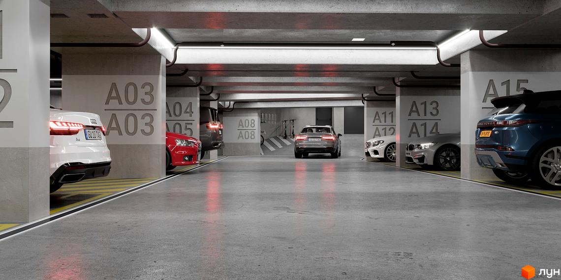 Паркінг в житловому комплексі Новий Звягель з маркуванням місць та автомобілями. Автомобілі припарковані вздовж колон з номерами паркувальних місць.