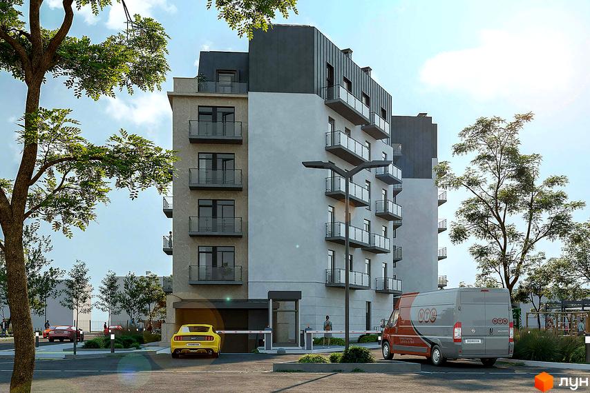 Зовнішній вигляд житлового комплексу Новий Звягель з балконами та парканом перед будинком. На прибудинковій території видно автомобілі та дерева.