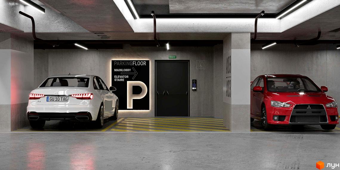 Паркінг у житловому комплексі Новий Звягель з білим Audi та червоним Mitsubishi. Сучасний паркінг з освітленням та позначками.