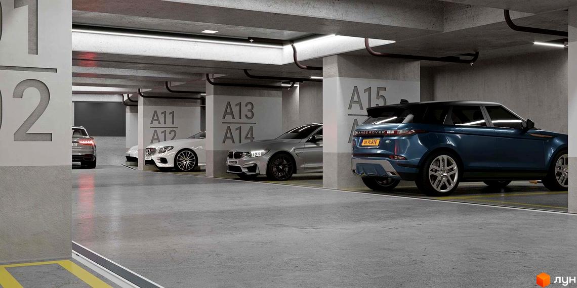 Паркінг в житловому комплексі Новий Звягель з автомобілями та номерами паркомісць. Сучасний паркінг для мешканців новобудови.