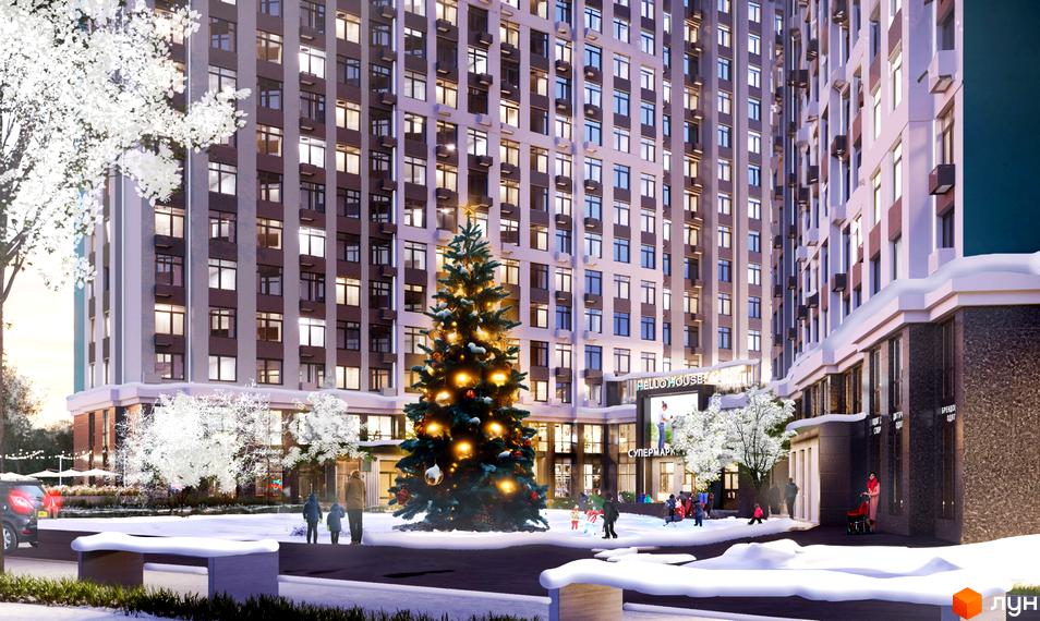 Будинок ЖК Hello House з різдвяною ялинкою та снігом на прибудинковій території. Зовнішній вигляд новобудови в зимовий період.