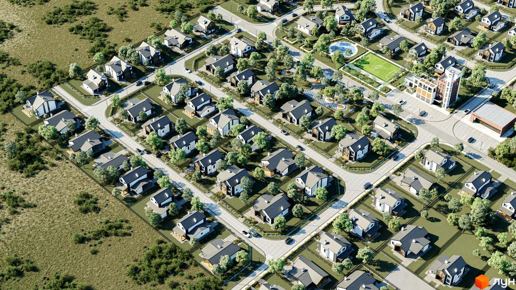 Котеджне містечко Зелений Бульвар: сучасні будинки з сірими та білими фасадами, прибудинкова територія з зеленими насадженнями та доглянутими газонами.